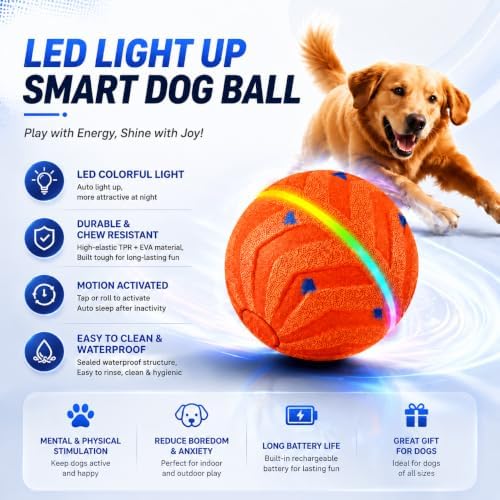 Smart Interactive Dog Ball, Automatic Rolling with LED Glow, E-TPU Dog Ball, Toy for Dog