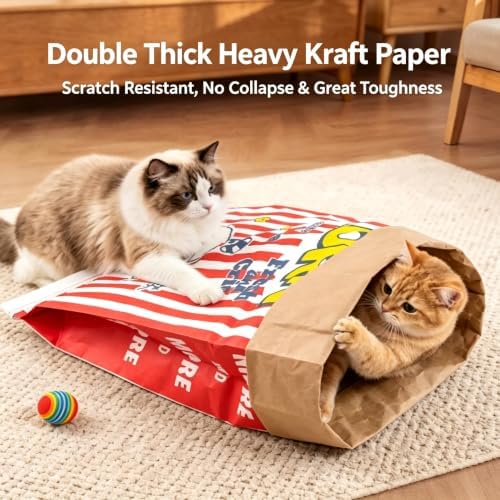 Crinkle Cat Sack, 25.6 x 19.7 Inch Large Cat Play Bag, Interactive Kraft Paper Cat Hideaway & Tunnel Toy, Foldable Cat House, Cute Room Decor (Popcorn)