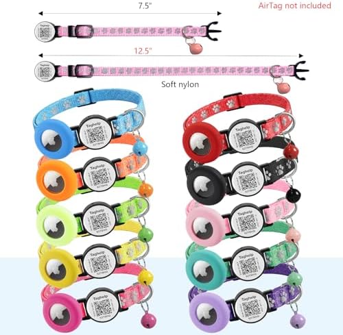 QR Code & AirTag Reflective Breakaway Cat Collar with Bell – Smart Scan Pet ID Tag & Apple AirTag Holder, 0.4" Width Lightweight Safety Kitten Collar for Girl Boy Cats (Reflective Strip-Blue)