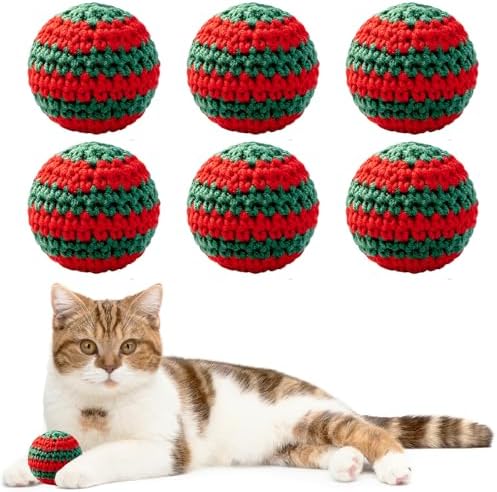 Christmas Cats Ball Toy with Bell Inside, 6Pcs Hand-Made Knitted Woolen Yarn Cat Toys Jingle Bell Balls, Indoor Kitten Interactive Toys for Hunting/Kicking/Chasing Woolen