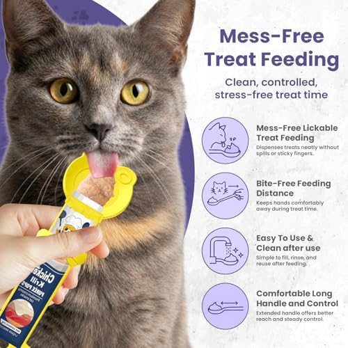 Lickable Cat Treat Spoon, Puree Squeeze Feeder, Silicone, Yellow