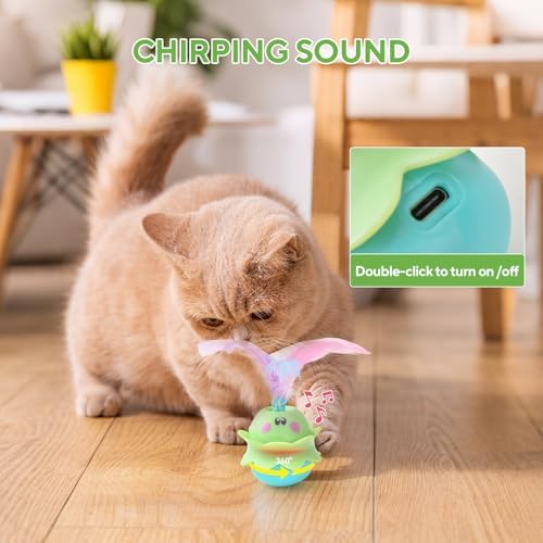 LIFLIX Interactive Automatic Cat Feather Toy, Rotating with LED Light, Rechargeable Electronic Chirping Toys for Indoor Cats, Blue