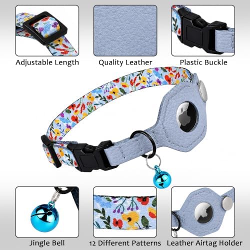 Breakaway Cat Collar with Leather AirTag Holder & Bell - Apple Air Tag Cat Collars for Girls & Boys, Lightweight Anti-Lost GPS Tracker Design, Printed Pattern - Safety and Adjustable (Floral)