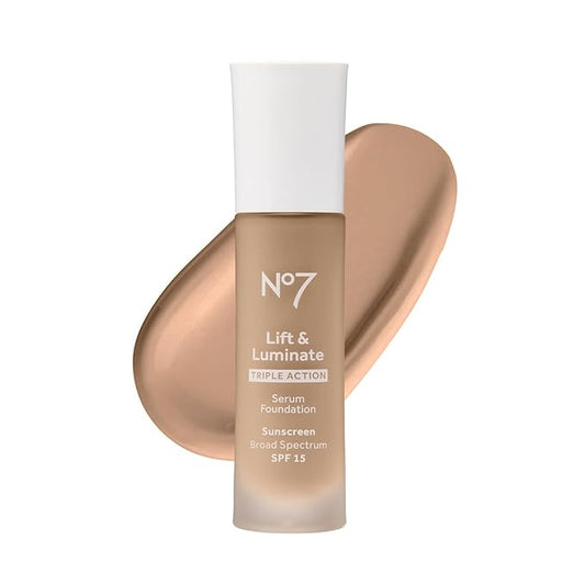 No7 Lift & Luminate Triple Action Serum Foundation - Liquid Makeup with SPF 15 for a Dewy, Glowy Base - Radiant Formula for Mature Skin - Warm Beige (1 Fl Oz)