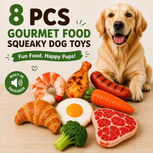 8 Pack Squeaky Dog Toys for Small, Plush Gourmet Food Dog Toy Set with Reusable Drawstring Storage Bag, Interactive Food Shaped Chew Toys for Puppies, Soft Stuffed Dog Toys for Small & Medium Dogs