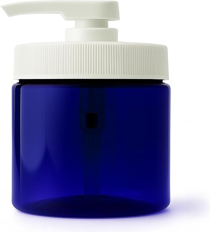 Royal Massage 16oz Refillable Pump Jar with Locking Dip Tube Dispenser – BPA-Free Plastic Container for Massage Oils, Lotions, Creams – Ribbed Lid Wide-Mouth Jar – Durable & Reusable (Blue/White, 1)