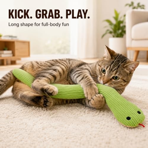 Green Plush Snake Shaped Cat Interactive Accessory with Crinkle Paper, Durable Indoor Feline Activity Supply for Household Cats
