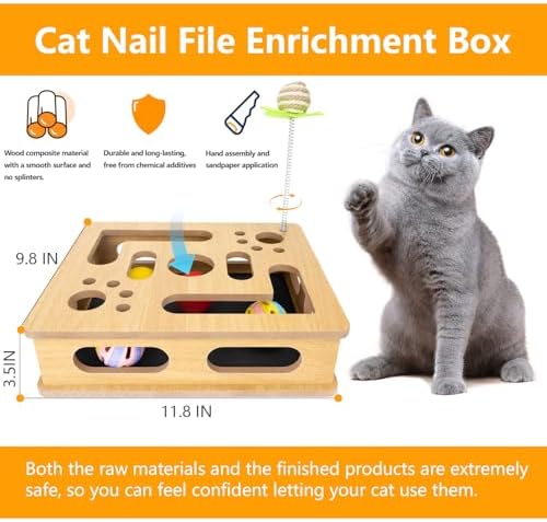 Cat Scratch Puzzle Enrichment Box,Clawcraft Wooden Cat Scratcher,No Assembly Required,Built-in Sandpaper Trims Your pet's Claws as They Play(Burlywood Color)