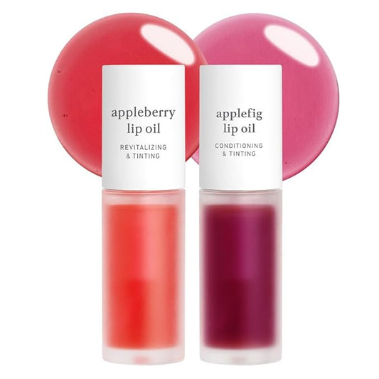 NOONI Korean Lip Oil Set - Appleberry & Applefig | Long-Lasting, Moisturizing, Plumping, Revitalizing for Dry Lips, Waterproof, No Peel Off, Stocking Stuffers, 0.12 FL Oz x 2ea