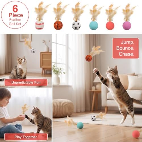 6 Pcs Bouncy Ball Cat Toy,Rubber Cat Bouncy Ball with Tail