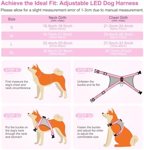 Visinite LED Dog Harness, USB Rechargeable Light Up Dog Vest, 2 Illuminate Modes Glow in The Dark Dog Harness, Adjustable Lighted Pet Harness Light for Night Walking Safety (Pink, S)
