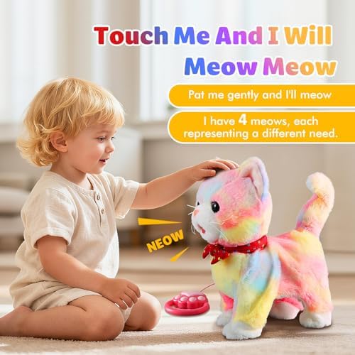 Rainbow Walking Cat Toy for Kids Kitty Toys for Girls Kitten Set that Talking Meows Singing Dancing Repeat What You Say Touch and Voice Control Plush Electronic Robot Kitties for Baby Toddlers