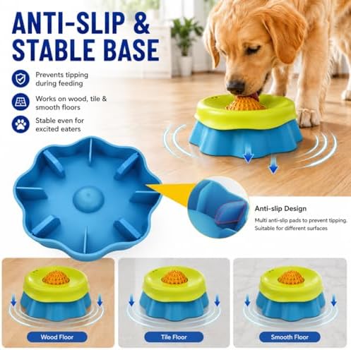 Slow Feeder Dog Bowl with Rolling Ball - 2-in-1 Silicone Dog Lick Bowl for Liquid Treats, Anti-Slip Interactive Licking Toy for Small Medium Large Dogs Cats, Food-Grade Easy Clean (Blue+Green)