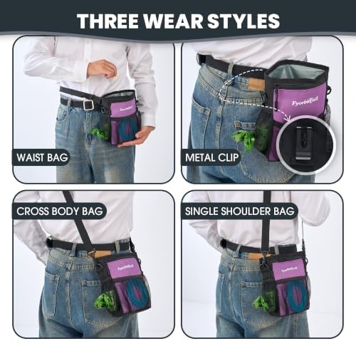 Dog Treat Pouch, 4 Cup Training Bag, Magnetic Closure, 3 Way Wear, Purple | 600D waterproof Oxford fabric, multi pocket storage, zipper and mesh pockets, pull out poop bag dispenser, includes 2 rolls