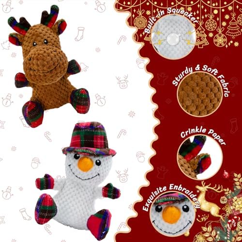 Dog Toys Squeaky Interactive Stuffed PP Cotton Puppy Teething 2-Pack Chew Toy Deer Shape Crinkle Sound Paper Tail, for Large Medium Small Breeds Indoor Outdoor Play