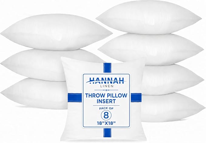 Hannah Linen Throw Pillow Inserts 18x18 – 8 Pack Square Decorative Cushion Stuffers for Couch, Sofa & Bed – Soft Fluffy Polyester Filled Pillow Inserts for Indoor Home Décor