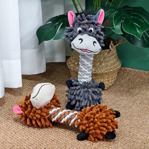 11.02 Inch Grey Donkey Mop Squeaky Dog Toy with Rope Neck, Plush Chew Toy for Puppy Teething, Interactive Tug of War Toy for Small Medium Large Dogs