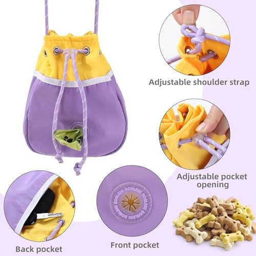 ETIAL Large Capacity Dog Treat Pouch, Waterproof Dog Walking Bag with Shoulder Strap, Built-in Poop Bag Dispenser, Drawstring Closure Dog Food Pouch for Pet Training Walking & Rewarding (Yellow)