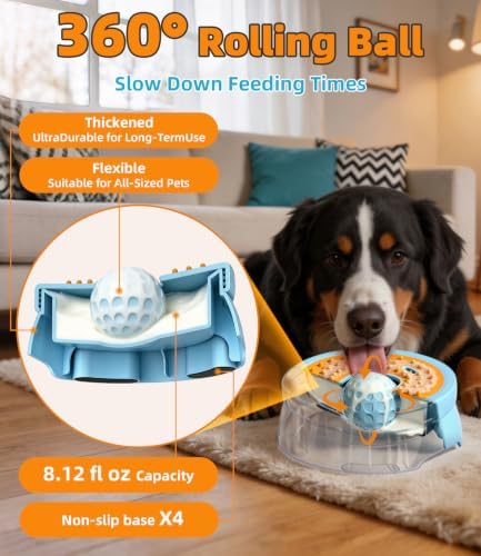Dog Licking Bowl with Rolling Ball, 2- in-1 Slow Feeder Bowl