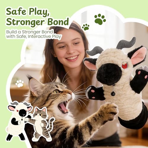 Cat Wrestling Glove, 22 inch Cat Puppet Wrestler with 3 Catnip Pouches & 3 Layer Resistant Protection, Interactive Cat Toy with Removable Bell for Boredom Relief & Mental Stimulation, Sheep