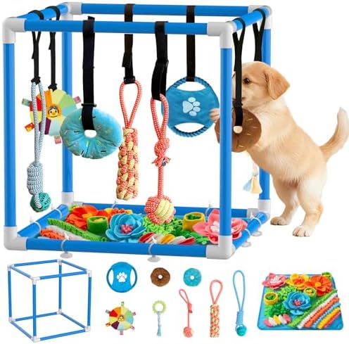 Puppy Play Gym with Snuffle Mat & 8 Toys (Blue,19.6″ x 19.6″ x 19.6″‌)