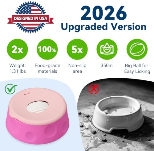 Dog Lick Bowl Ball Slow Feeder, Licking Bowl for Liquid Treat with Rolling Spin Sphere Roller Licker, Licky Feed Calming Anxiety Relief Enrichment Yogurt (Pink)