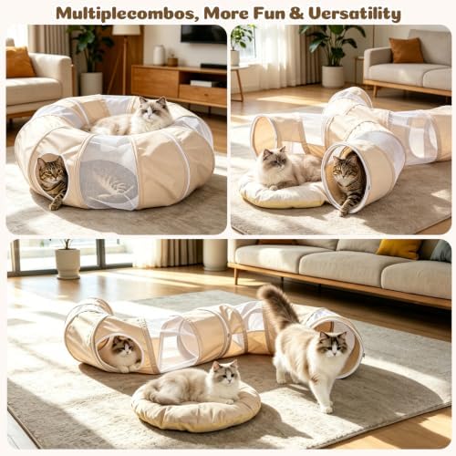 Ownpets 2 in 1 Collapsible Cat Tunnel for Indoor Cats with Cushion Bed