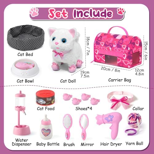 Golray Interactive Cat Toys for Kids Girls Gift, Electronic Plush Toy Cat Can Walk and Meow - 16 Pcs Carrier & Pet Groom Feed Care Pretend Play Set, Birthday Gift for Toddler Little Girl 3 4 5 6 7 8 9