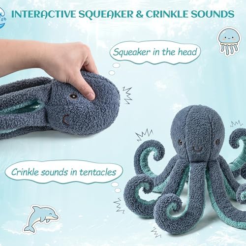 ALL FOR PAWS Octopus Squeaky Dog Toy, Plush Dog Toy for Small Medium Large Dogs, Fetch Toy with Squeaker & Crinkle