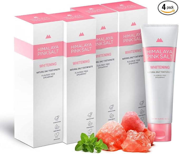 HIMALAYA PINKSALT Natural Whitening Toothpaste - Fluoride Free, Natural Toothpaste for Teeth Whitening, Gum Health Care, Plaque Remover - Spearmint Flavor, 3.9 oz (Pack of 4)