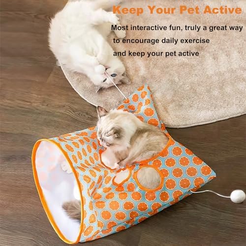 Cat Tunnel Bag for Indoor Cats, Foldable Pet Tunnel Crinkle Sack Bag with a Little Mouse & 3 Toy Ball, Portable Crinkle Paper Interactive Hide and Seek Cat Toys (Orange)