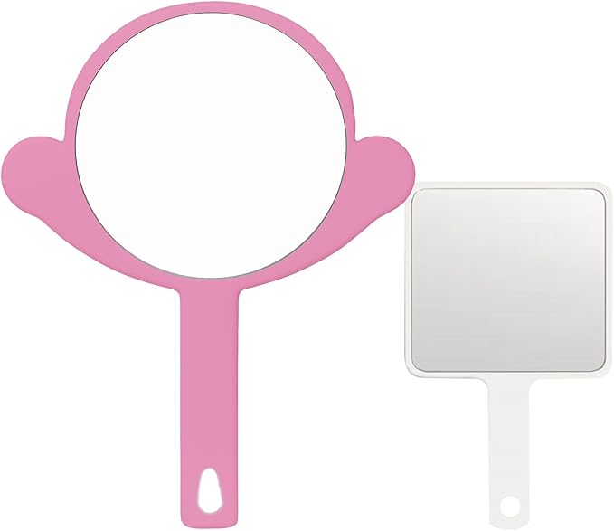 PDOZV Hand Mirror, 2 Pcs Big + Small Compact Hand Mirrors with Handle, Salon Hairdressing Bathroom Barber & Makeup, Travel, Pocket-Sized Mirror, Hanging, Handheld Mirror (Pink, 7.09" Lx 9.06" W)