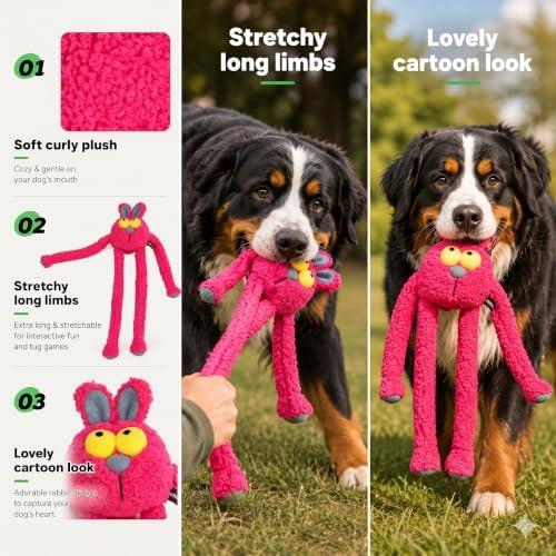 Squeaky Rabbit Dog Plush Chew Toy, Interactive Tug Squeaky Toy for Chewers, Medium Large Dogs & Fetch Play, 31.5 Inch Stuffed Play Toy with Stretchable Limbs for Gentle Gum Care & Boredom Relief