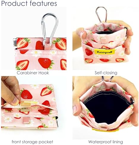 Dog Treat Pouch,Cotton Pocket Sized Training Holder, Hand Free Walking Funny Bag with Carabiner, Self-Closing Pet Feed Snack Reward, Behavior Aids for Puppy Travel or Outdoor Use（Strawberry）