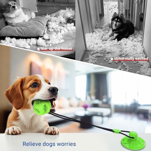 Dog Toys Treat Food Dispensing Ball with Suction Cup for Aggressive Chewer, Tug of War for Pets, Puppy Toys for Teething, Puzzle, Treat Food Dispensing, Pet Chew Tug of War for Medium Dogs (Green)