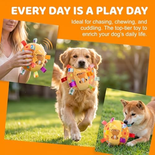 Colorful Squeaky Hanging Dog Training Toy, 6-Inch Squeaky Hanging Dog Toy, Soft Stuffed Ball with Cotton Material, Built-in Bell, Interactive Tug Chew Toy for Small Medium Dogs Indoor Play Fun (Mix-4)
