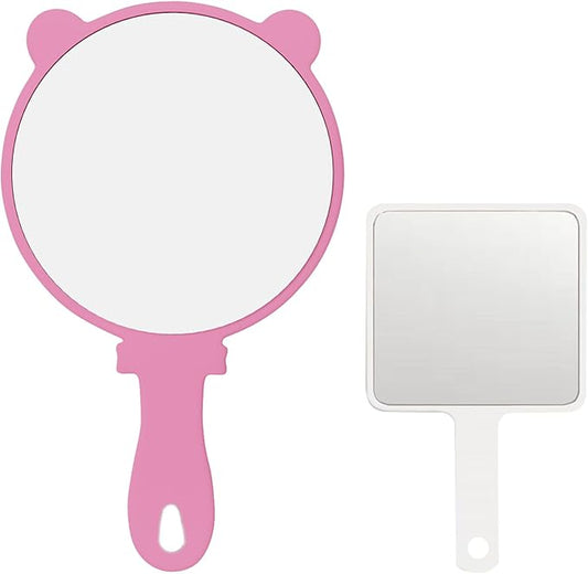 Compact Hand Mirror 2 Pcs – High-Definition Glass, Men or Women Salon Hairdressing Barber Hand Mirrors with Handle, Mini Mirror for Purse, Travel and Present (Pink, 5.91" L x 9.84" W (Cat Ears))