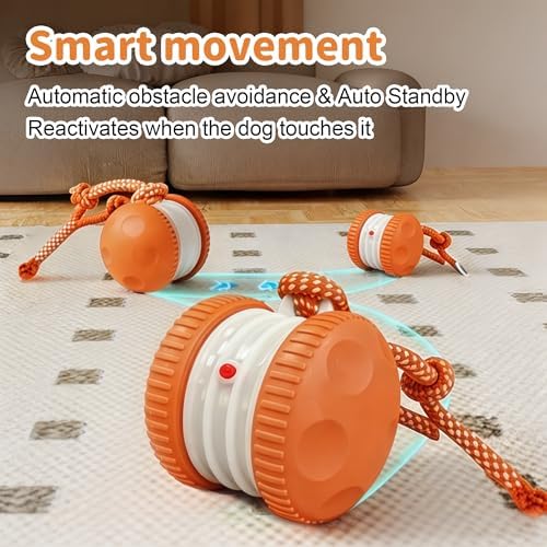 Interactive Dog Toys, Automatic Rolling Ball with Rope, Orange