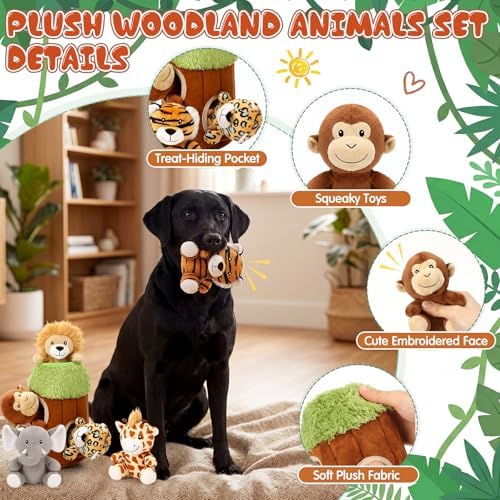 Skylety 7 Pieces Hide and Seek Dog Toys Activity Puppy Chew Squeaky Toys Plush Stuffing Burrow Woodland Stuffing with Squeakers for Small Medium Pets Dogs Puppy Gift(Lovely,Medium)