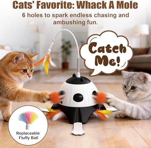 Casfuy 3-in-1 Interactive Whack-a-Mole & Rotating Feather Wand Cat Chasers Toy with Plush Tail, Black