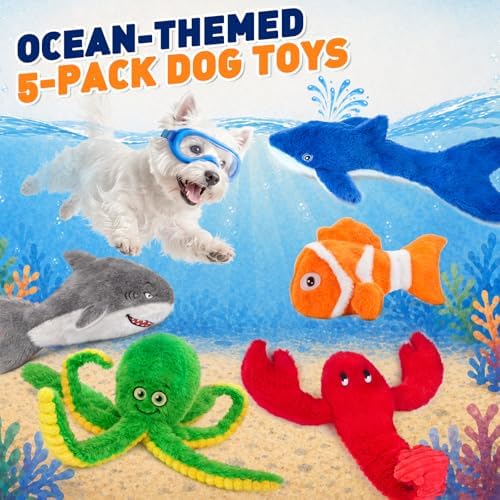 No Stuffing Squeaky Crinkle Dog Toys, 5-Pack Ocean Animal Plush Set