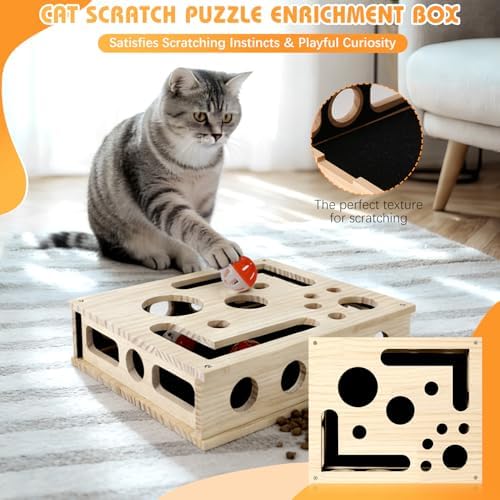 Cat Scratch Puzzle Enrichment Box, Wooden Cat Nail File Box Stress Free Alternative to Grinders, Maze Toy Box for Indoor Cats Scratching, with Sandpaper & 3 Bell Balls