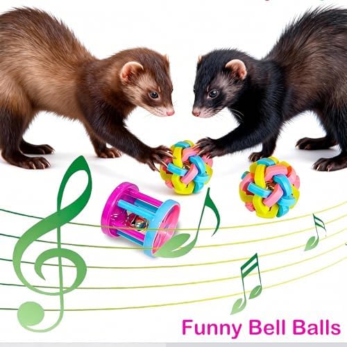 12 pcs Ferret Squeaky Toys Balls Squeaker Toys Teething Chewing Toy Colorful Bouncy Rubber Bell Balls Mylar Crinkle Interactive Sound Exercise Scratch Chew Toy for Ferrets Pet Cat Dog