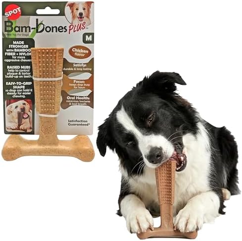 SPOT Bam-Bones Plus T-Bone Dog Chew Toy, Bamboo Fiber & Nylon, Chicken Flavor, Durable Non-Splintering Chew for Moderate to Aggressive Chewers, Dogs 30-60 lbs, 6 Inch