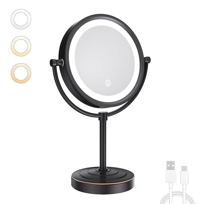GURUN 8.5 Inch Rechargeable Tabletop LED Lighted Makeup Mirror with 10x Magnification 4500mAh Battery Double Sided Vanity Mirror Oil-Rubbed Bronze M2208DO(8.5in,10x)