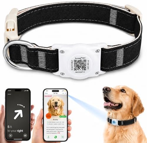 AirTag Dog Collar with QR Code ID, Dog Collar with Air Tag Holder, Black, L