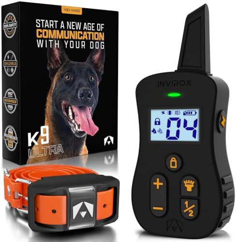 INVIROX Ultra K9 Shock Collar for Large Dogs with 124 Training Levels | Veteran-designed, for Reactive Stubborn or Hard-to-Train Dogs, ¾ Mile Range, Night-Light Mode, Safe Communication