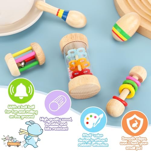 MEWTOGO 5 Pcs Wooden Bunny Toys, Safe & Bite-Resistant