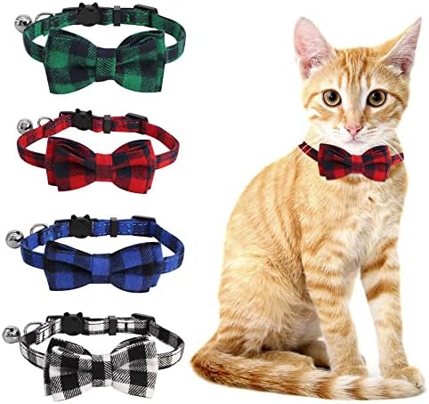 SLSON 4 Pack Cat Collars Breakaway with Bell Cat Collars with Cute Bowtie for Pet Kitten Cats and Small Dogs Pets Adjustable from 8-11In (Plaid)