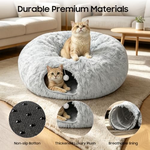 Cat Tunnel Bed for Indoor Cats, Peekaboo Cat Cave Donut Bed & Play Tunnel